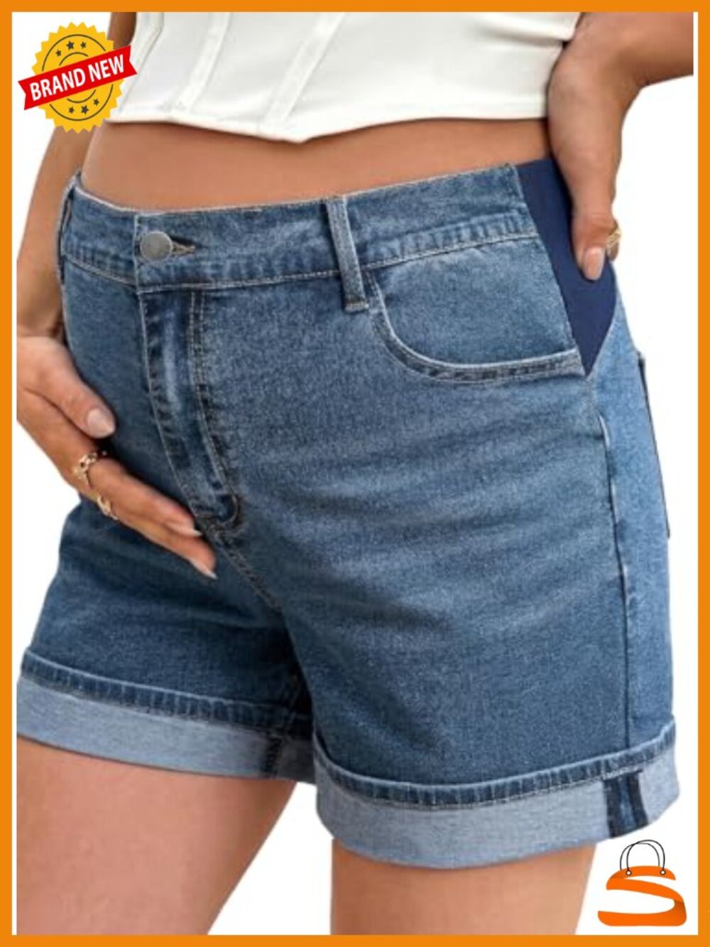 Maternity Denim Shorts with Pockets Fold Hem Stretchy Under Belly